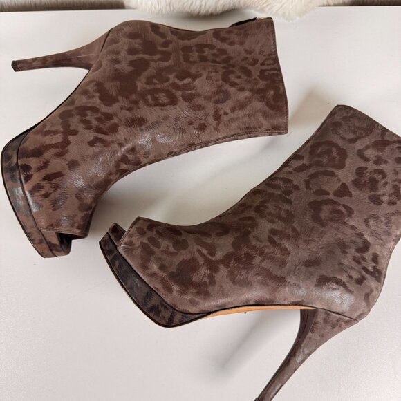 FURLA Leopard Print Peep Toe Ankle Boots 37.5 Brown Leather High Heel Stiletto - Picture 13 of 16